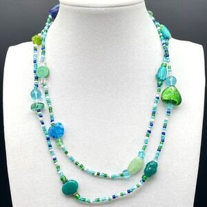 Vintage Teal Fashion Classic‎ African Vinyl Disc Double Stranded Beaded Necklace